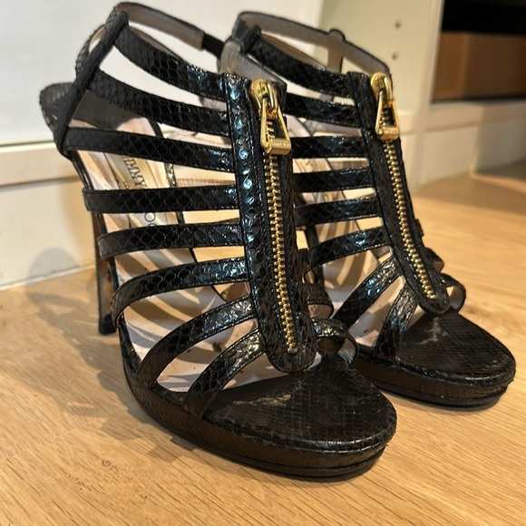 Jimmy Choo black snakeskin zip front platform strappy heels. - Picture 2 of 8
